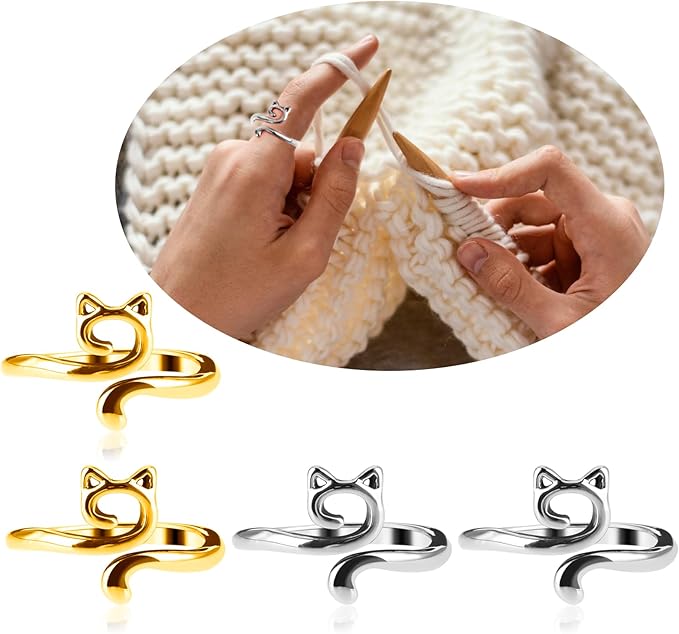 YUXIANLB 4pcs Knitting Crochet Loop Ring for Fingers Metal Open Yarn Guide Crochet Rings Adjustable Braided Faster Knitting Thimbles Holders Accessories for Crochet Mother Grandma Gifts (Gold Silver)