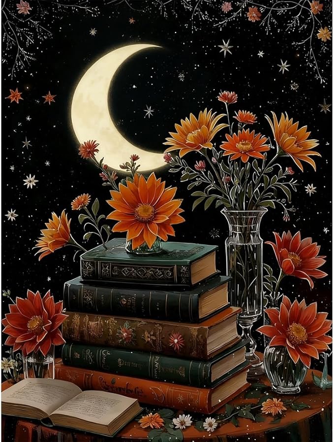 Lzyueyuan Book Flower Stamped Cross Stitch Kits for Adults Beginner, Moon Cross Stitch Ornament Kits Counted Embroidery Needlepoint Kits Home Decor 11.8X15.7inch