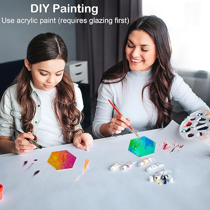 24 Pack Ceramic Tiles for Crafts with 2 Holders, White Unglazed Blank Ceramic Coasters with Self-Adhesive Cork Backing Pads for Acrylic Pouring, Painting, Make Your Own DIY Coasters (Hexagon)