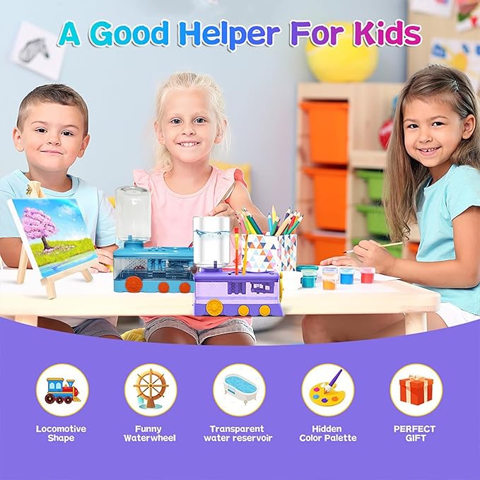 Paint Brush Cleaner with Paint Tray, Water Circulation Brush Rinser with Brush Holder, Watercolor/Oil and Water-Based Paint Brush Cleaner Tool, 400ml Capacity, Train Design, Gift for Artist Beginners