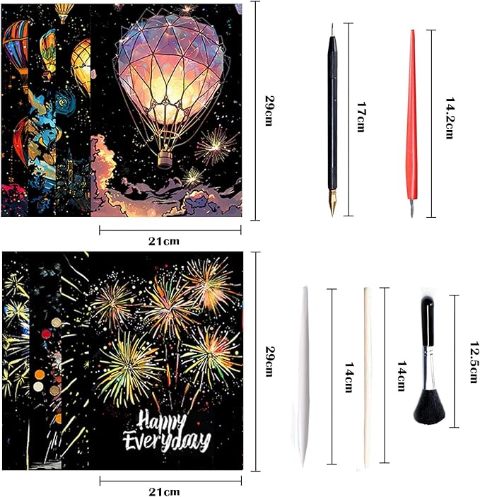 Georgie Porgy Scratch Paper Art Set for Kids Adults Magic Rainbow Painting Boards for DIY Arts and Crafts Kits Christmas Birthday Gift with Scratching Tools Kit (Glow in The Dark Fireworks + Balloon)