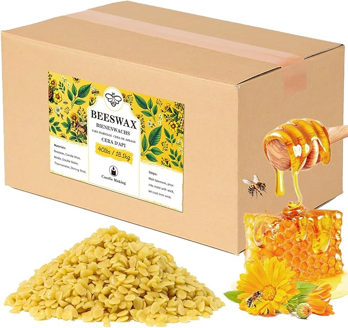 Beeswax pellets 40LB, VEGISHINE Pure Beeswax for Skin, Natural Yellow Beeswax for Candle Making, DIY Skin Care, Lip Balm, Polishing, Lotion, Soap, Candle Making Supplies