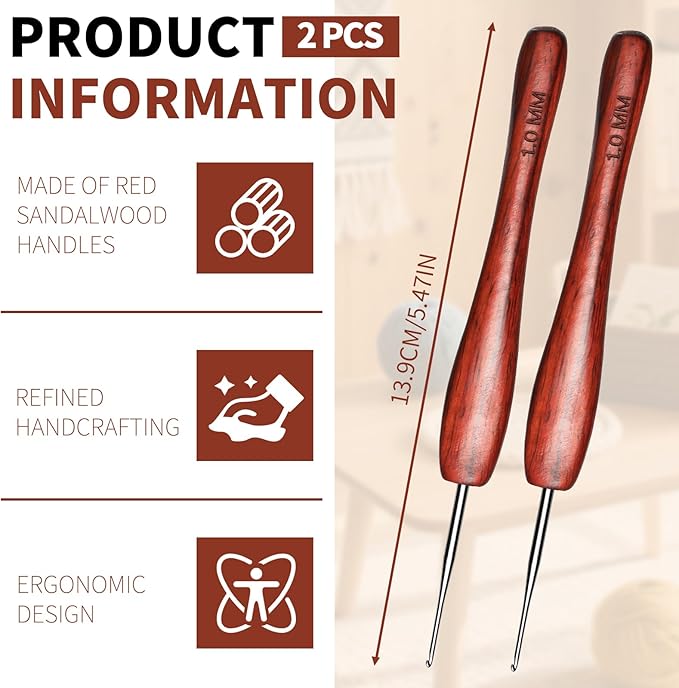 1.0 mm Crochet Hook, Available in 0.5 mm- 3 mm, Ergonomic Hand-Polished Wooden Handle Crochet Hook for Arthritic Hands, for Beginners, and Crocheting Yarn (2Pcs)