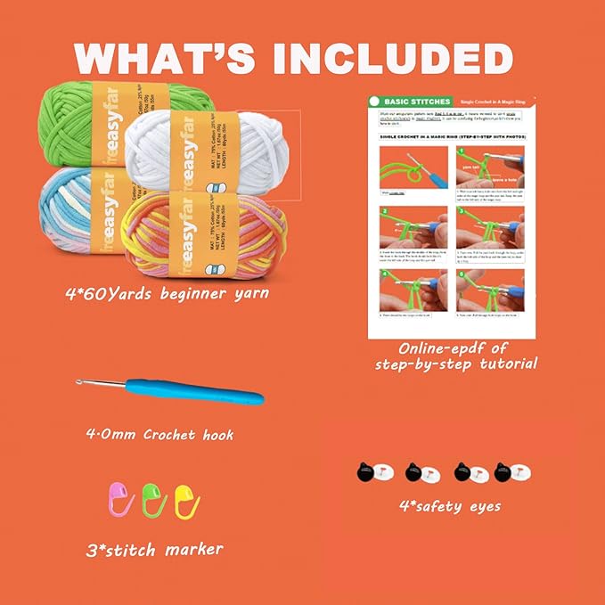 4x50g Beginner Easy Yarn Kit for Crocheting and Knitting; Worsted-Weight Medium #4;Crocheting and Knitting kit with Tool Set (Sunglow+Blue+Green+White, 4 Skein)