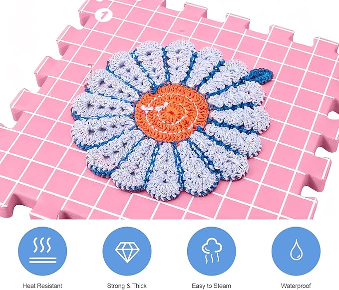 MEVOME Blocking Mats for Knitting 200 T-pins 100 Locking Stitch Markers, Extra Thick Block Boards Crochet Projects Grid Lines Needlepoint Knit Crocheting, 9 Foam Interlocking Mat Storage Bag (Pink)