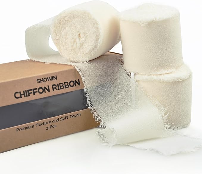 3 Rolls Cream White Handmade Fringe Chiffon Ribbon 1.5" x 7Yd Silk-Like Colorful Rustic Ribbon for Bouquets Wrapping Decor Wedding Invitation Accessories