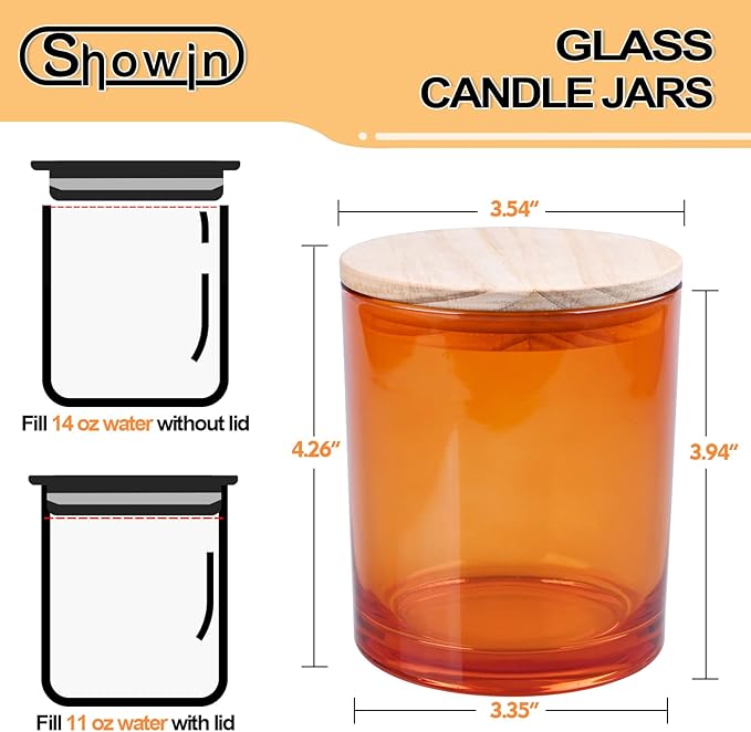 14 OZ Thick Candle Jars for Making Candles 12 Pcs, 3 Wick Empty Jars with Wood Lids for Candle Making, Sample Container,Clear Orange