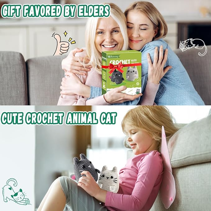 Faircosy Crochet Animals Kit for Beginners: Learn to Crochet Cats with Yarn, Hooks & Video Tutorials - DIY Amigurumi Starter Box - Perfect Christmas Holiday Gift for Teens & Adults