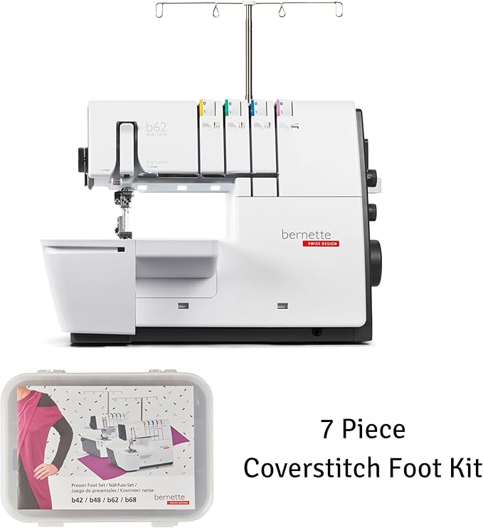 Bernette B62 Airlock Coverstitch Machine Bundle | Air Threader, 7-piece coverstitch foot kit, LED Light, Extension Table | Heavy Duty, Beginner to Professional, Advanced Sewing & Decorative Stitching