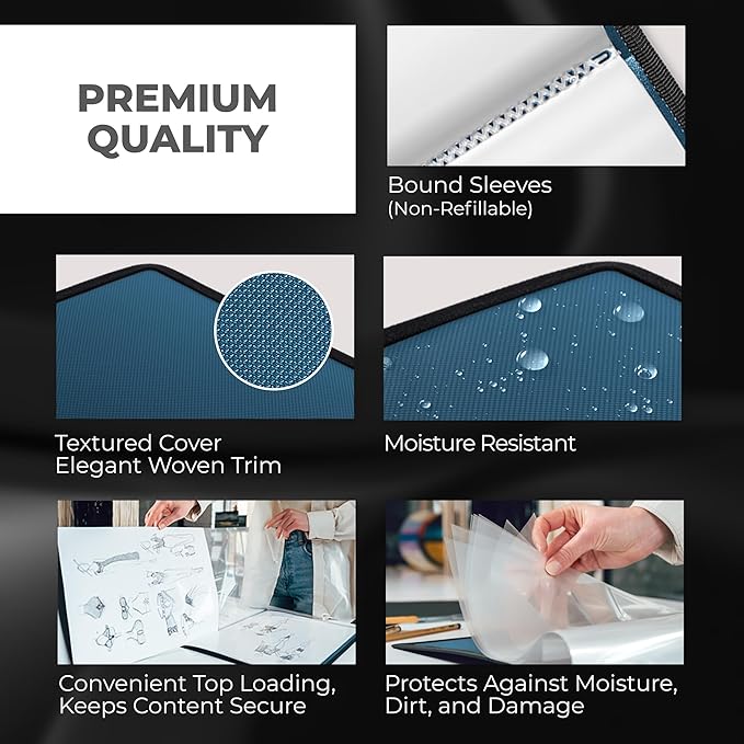 Dunwell 12x18 Art Portfolio Binder with Black Mounting Paper (Blue), Large Portfolio Folder for Artwork Storage, 24 Sleeves Display 48 Pages, 12 x 18 Presentation Book, Acid-Free Poly