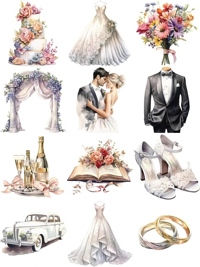 TIAMECH Wedding Lover Paper Stickers - 72 Pcs Bride Couple Rings Party Cake Design, Waterproof Sticker for Journaling & Scrapbooking, Junk Journal Supplies, Ephemera & DIY Crafts