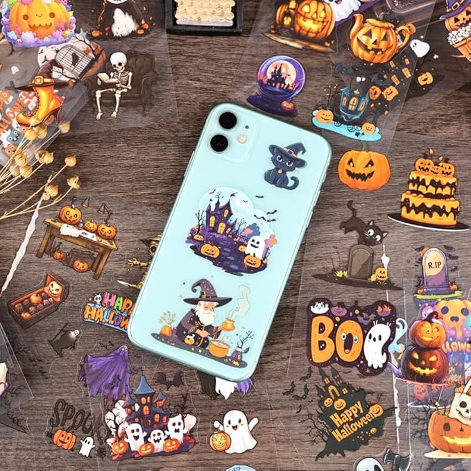 Transparent Halloween Scrapbook Stickers Book, 20 Sheets Diecut PET Stickers for Journaling, Purple Vintage Spooky Theme for Scrapbooking, Junk Journal Supplies, Planner, Bujo, Crafts Arts