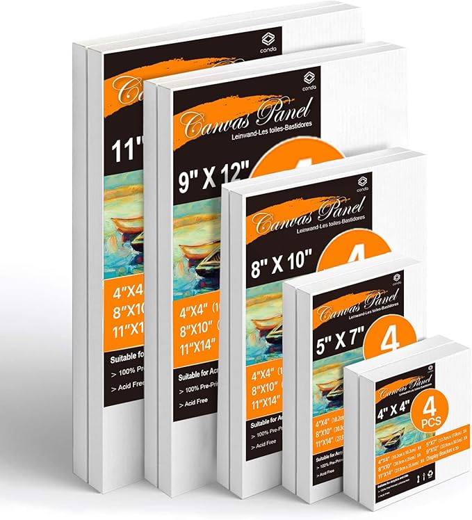CONDA Stretched Canvas Painting, 20 Multi Pack 4x4, 5x7, 8x10, 9x12, 11x14 Inches (4 of Each) with 20 Pcs Display Brackets, Primed, 100% Cotton, Value Bulk Pack for Oil & Acrylic Painting