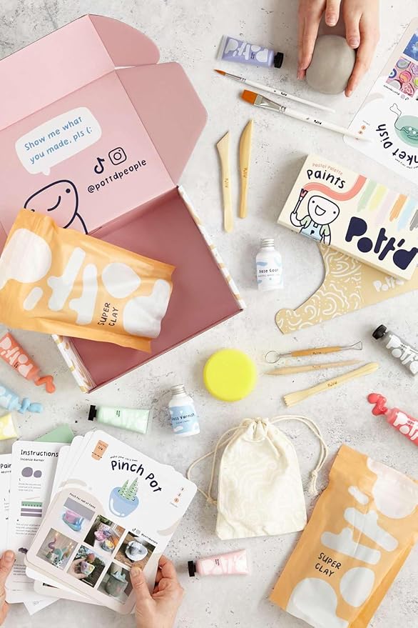 Pott'd Air Dry Clay for Adults. Beginners Home Pottery Kit for Adults. DIY Craft Kit for Adults. Kit Includes: Air-Dry Clay for Adults, Tools, Paints, Brushes, Sealant, How-to-Guides
