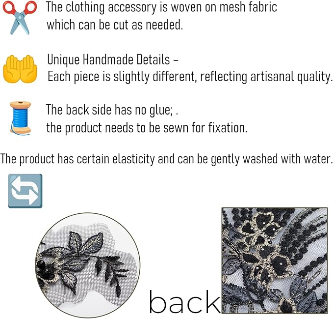 Beaded Pearl Flower Fabric Lace Applique, Floral Embroidered Patches Handmade Sewing Tool for DIY Neckline Bodice Wedding Bridal Prom Dress(Black-Large)