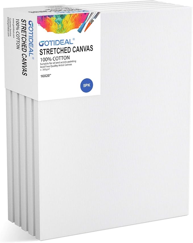 GOTIDEAL Stretched Canvas, 16x20 Inch Set of 5, Primed White - 100% Cotton Artist Canvas Boards for Painting, Acrylic Pouring, Oil Paint Dry & Wet Art Media