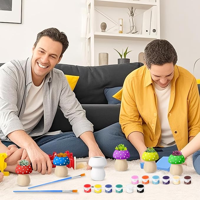 Pasimy 6 Set DIY Ceramic Succulent Planter Pots Paint Your Own Flower Pots Craft Kit Unpainted Bisque Paintable Flowerpot with Brush Palette Ready to Paint for Family Activity Gift(Mushroom)