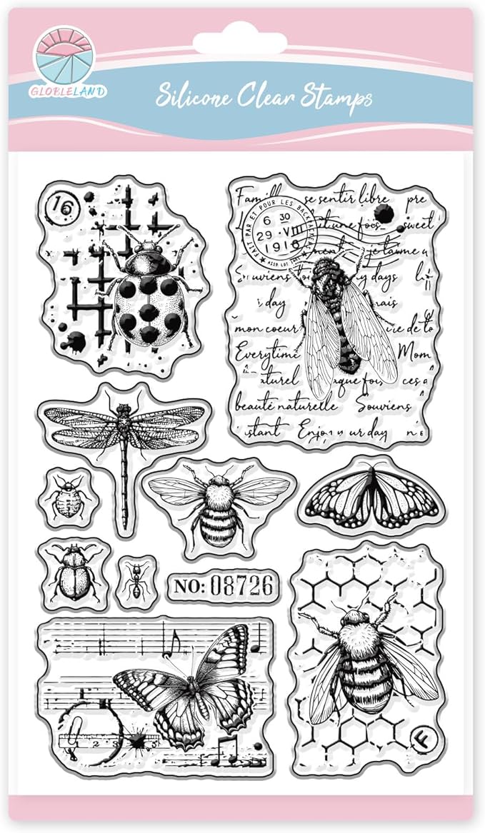 GLOBLELAND Vintage Insect Clear Stamps for Scrapbooking Butterfly Bee Silicone Stamps Dragonfly Beetle Background Transparent Stamp for Card Making DIY Embossing Journaling
