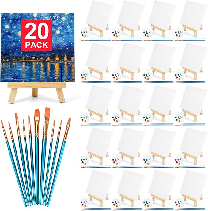 20 Pack 5.9In Canvas Boards for Painting, Art Canvas for Drawing with 10 Brushes & 5 Paint Trays, Mini Painting Canvas with Easel Set, Painting Kits for Adults & Kids Party