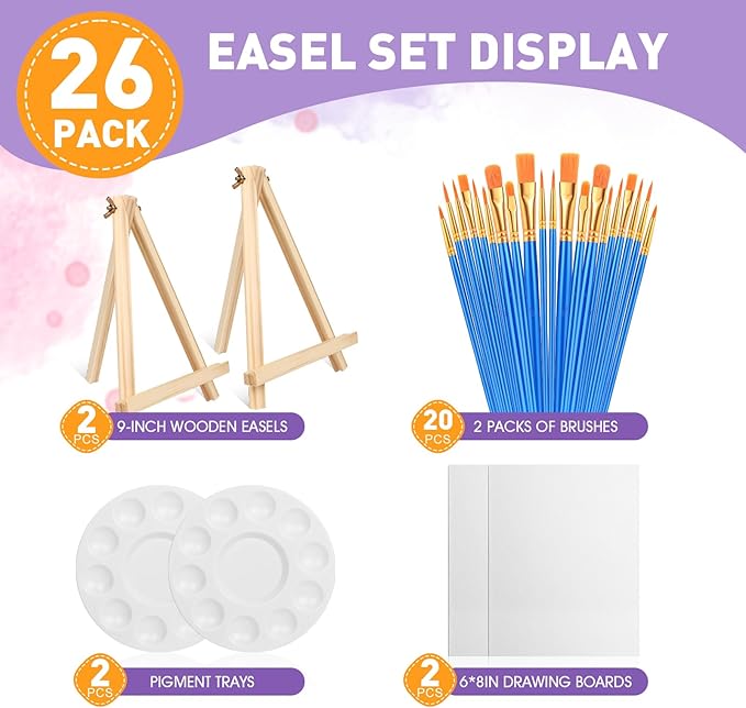 AROIC Canvas and Easel Set,Art Painting Set with 26 Pack (2 PCS 9" Wood Easels, 20 Brushes, 2 Canvas Boards and 2 Palette) Painting Supplies kit for Kids & Adults to Painting Party