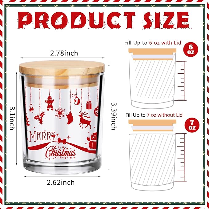 Ziliny 10 Pcs Christmas Glass Candle Jars Empty Containers Bulk 7 oz Glass Jars with Cork Lids Tins for Candle Making Storing Biscuits Tea Party Favors(Christmas)