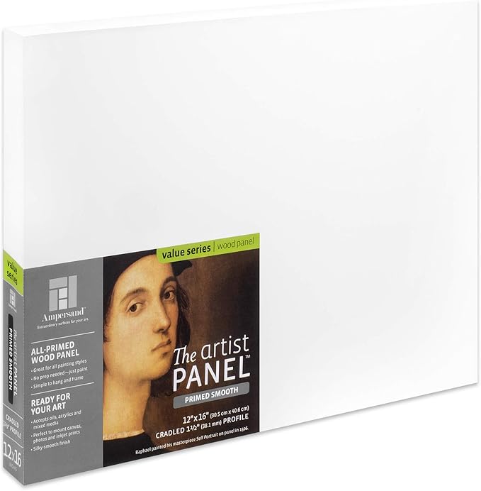 Ampersand Art Supply Wood Gesso Artist Painting Panel: Primed Smooth, 12" x 16", 1-1/2" Cradled Profile
