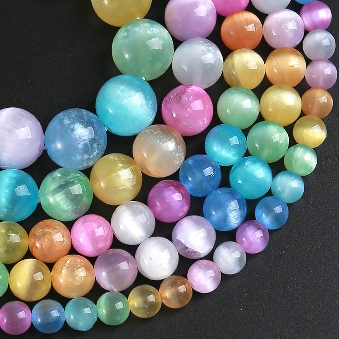 8MM 90pcs Mixed Color Selenite Gypsum Beads Natural Stone Round Loose Beads for Jewelry Making DIY Bracelet Necklace 2 Strands 32"