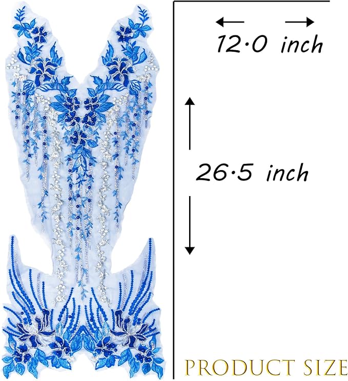 Beaded Pearl Flower Fabric Lace Applique, Floral Embroidered Patches Handmade Sewing Tool for DIY Neckline Bodice Wedding Bridal Prom Dress(Blue-Large)