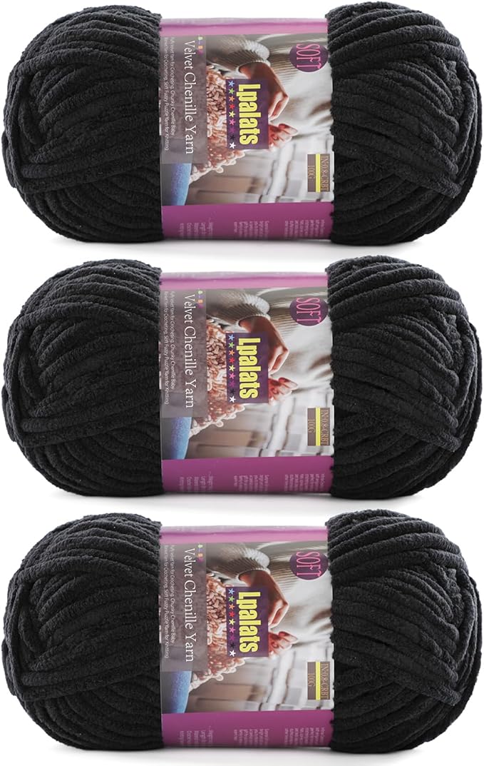 Chunky Chenille Yarn for Crocheting - 3x100g/3.5oz Baby Blanket Yarn for Crocheting Soft - 262 Yards Fluffy Thick Plush Yarns for Knitting Blankets Amigurumi (3, Black)