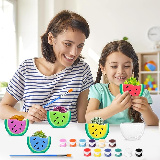 Pasimy 6 Set DIY Ceramic Succulent Planter Pots Paint Your Own Flower Pots Craft Kit Unpainted Bisque Paintable Flowerpot with Brush Palette Ready to Paint for Family Activity Gift(Watermelon)
