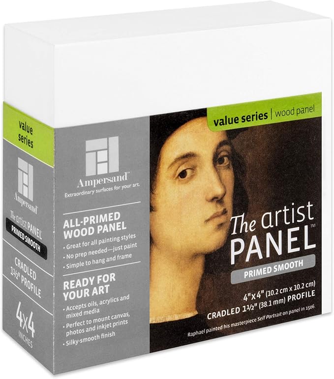 Ampersand Art Supply Wood Gesso Artist Painting Panel: Primed Smooth, 4" x 4", 1-1/2" Cradled Profile