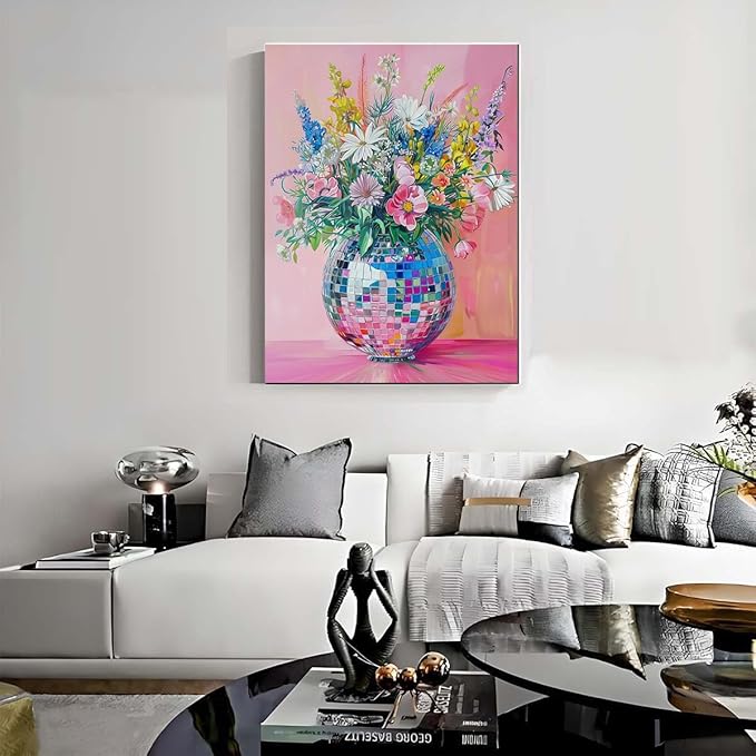 Lzyueyuan Flowers Stamped Cross Stitch Kits for Adults Beginner, Disco Ball Cross Stitch Ornament Kits Counted Embroidery Needlepoint Kits Home Decor 11.8X15.7inch