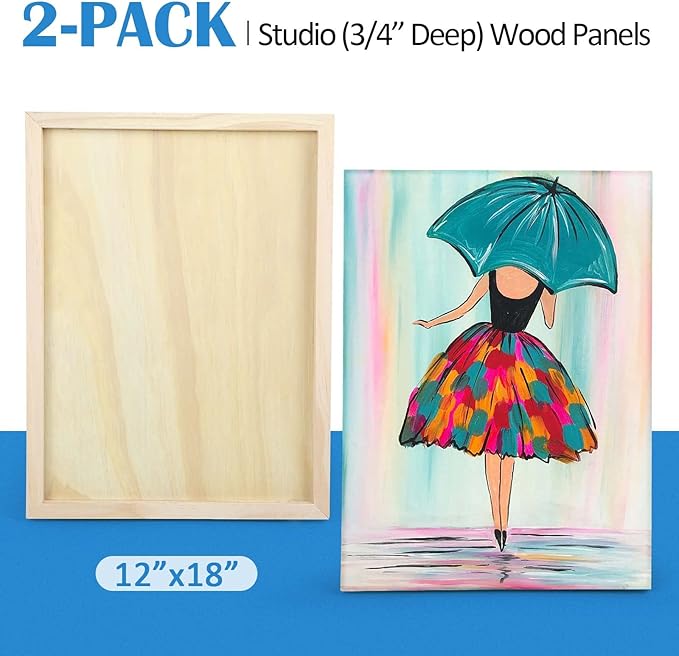 Falling in Art Unfinished Birch Wood Panels Kit for Painting, Wooden Canvas 2 Pack of 12x18 Studio 3/4" Deep, Cradle Boards for Pouring, Art, Crafts, Burning and More