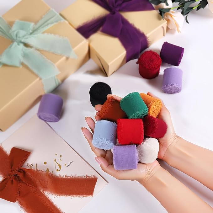 3 Rolls Orange Handmade Fringe Chiffon Ribbon 1.5 Inch x 7 Yard Silk-Like Colorful Rustic Ribbon for Bouquets Wrapping Decor Wedding Invitation Accessories