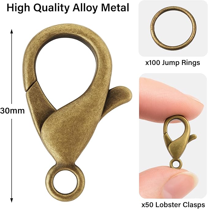 Mandala Crafts 30mm Antique Brass Metal Lobster Clasps for Jewelry Making - 50 Lobster Claw Clasps with Jump Rings Jewelry Findings Kit for Necklaces Bracelets Charms Fasteners