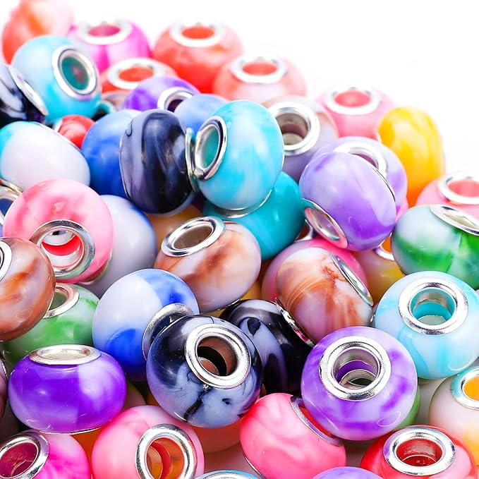 100 Pieces 14mm European Large Hole Spacer Beads Mix Color with Silver Brass Cores Assortments Charm Lampwork Beads Supplies for Necklace Bracelets Jewelry Making (Ｎew Ｍarble)