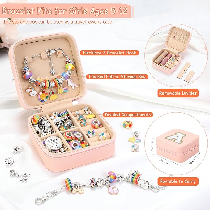 Charm Bracelet Making Kit for Girls 8-12, Kids Jewelry Making Kit 66Pcs Jewelry Kits for Girls Ages 5-7 Jewelry Maker Craft Necklace Birthday Christmas Gifts with Initial Jewelry Organizer Box - A