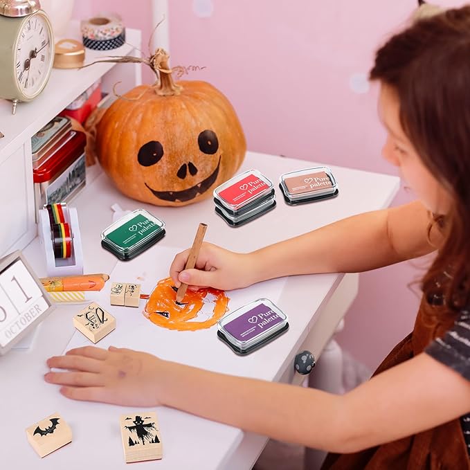 17 Pcs Halloween Wooden Rubber Stamps with Craft Ink Pads Mixed Spooky Witch Rubber Stamps for Card Making Decoration Party Gift Decor Scrapbooking Supplies