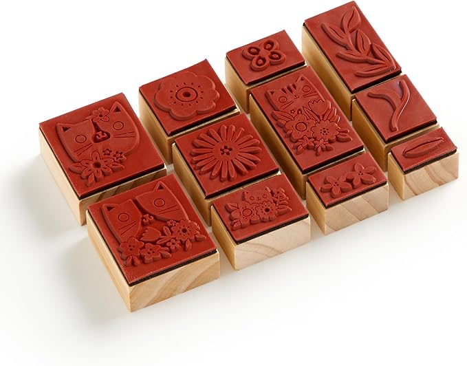 Galison Blooming Cats – Rubber Stamp Set Includes 4 Beautiful Colored Ink Pads and 11 Unique Cat Themed Wooden Stamp Blocks