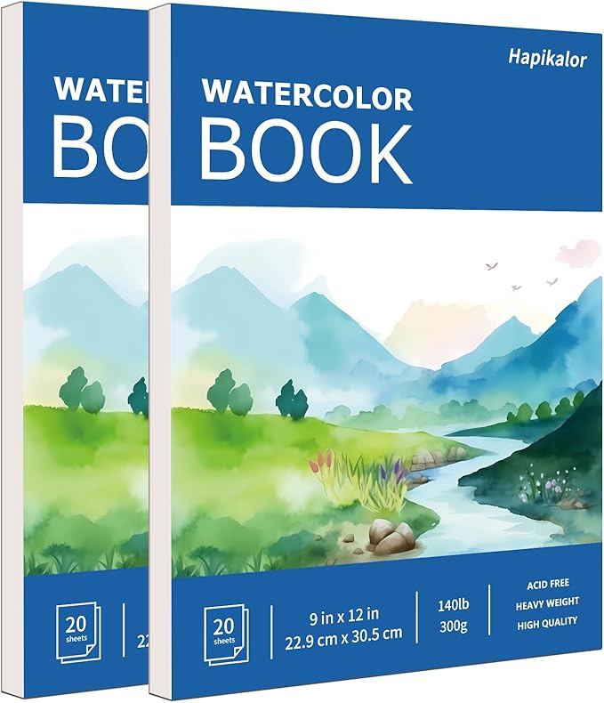 Hapikalor 9"x12" Watercolor Paper Pad, 2-Pack, 140lb/300gsm Artist Painting Drawing Paper Book, Art Supplies for Adults Kids, Watercolors, Watercolor Paint Set, Sketchbook, Journal, Blue