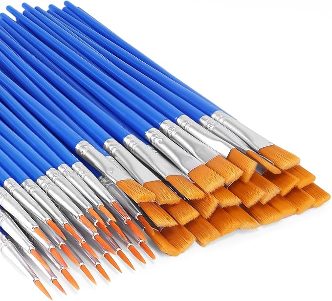 Paint Brushes Bulk, 50 Pcs Nylon Hair Paint Brushes for Acrylic Painting, Craft Paint Brushes Set for Kids Watercolor Face Canvas Detail Painting (Flat and Round)