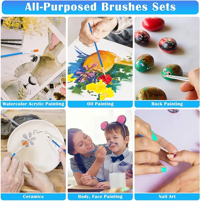 Small Paint Brushes Bulk, Anezus 50 Pcs Flat Tip Paint Brushes with Round Acrylic Paint Brushes Set Craft Brushes for Classroom Acrylic Watercolor Canvas Face Painting Touch Up