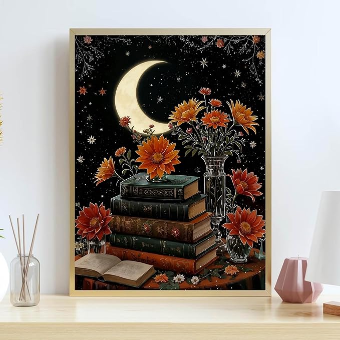 Lzyueyuan Book Flower Stamped Cross Stitch Kits for Adults Beginner, Moon Cross Stitch Ornament Kits Counted Embroidery Needlepoint Kits Home Decor 11.8X15.7inch