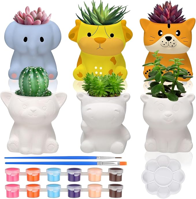 6 Sets Paint Your Own Ceramic Animal Succulent Planters Paintable Animal Ceramic Small DIY Figurines Unpainted Succulent Pots with Drainage Hole for Adults