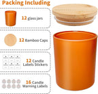 12 Pack Glass Candle Jars-10oz Fall Empty Candle Jars with Bamboo Lids and Sticky Labels, Bulk Candle Jars for Making Candles Containers - Dishwasher Safe
