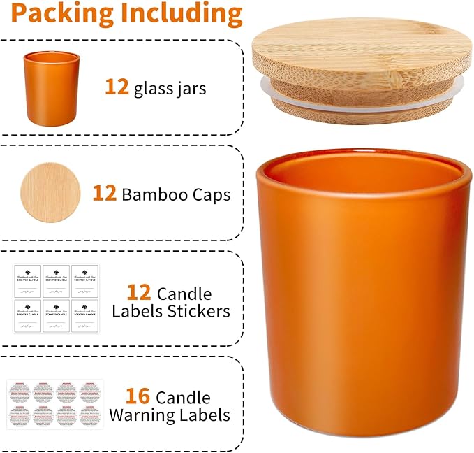 12 Pack Glass Candle Jars-10oz Fall Empty Candle Jars with Bamboo Lids and Sticky Labels, Bulk Candle Jars for Making Candles Containers - Dishwasher Safe