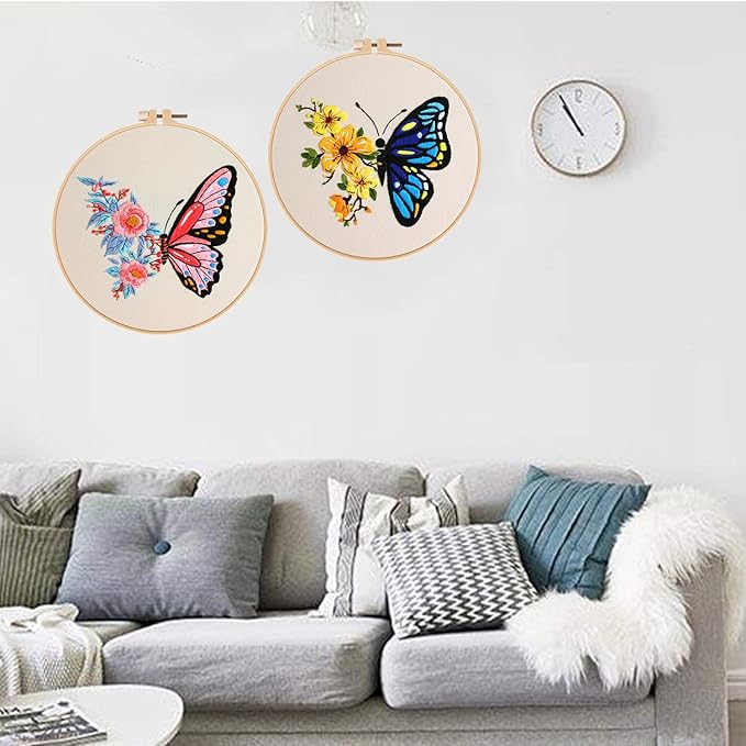Konrisa Embroidery Starter Kits with Butterfly Flower Pattern, Stamped Cross Stitch Kits for Beginners Adults DIY Sewing Include Embroidery Hoop Embroidery Fabric Threads and Needles,Set of 2