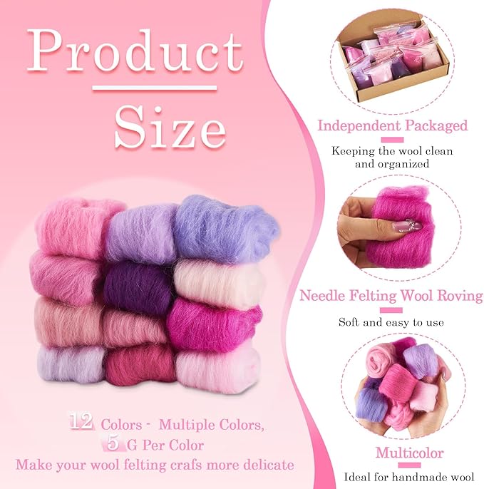 2.11oz Wool Roving Yarn Purple Needle Felting Wool 10 Styles Soft Spinning Felting Supplies for DIY Crafts Felt Blending Weaving Hand Spinning