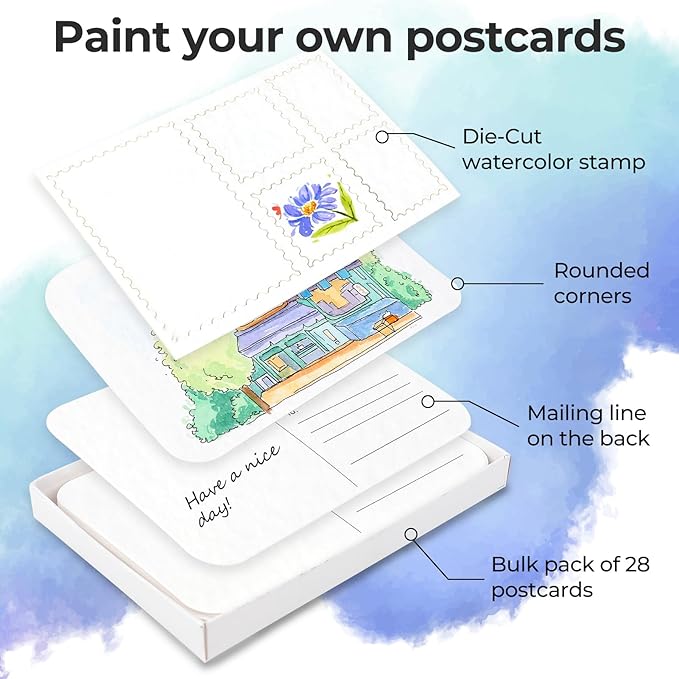 Funto Blank Watercolor Paper Postcards, 100% Cotton, 28 Cards+2 Watercolor Stamps, 4x6, 140lb/300gsm, Acid-Free Heavyweight for Thanks