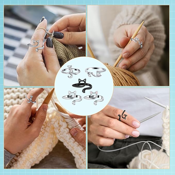 MARFOREVER 5 Pcs Crochet Rings Cat Crochet Tension Ring, Adjustable Crochet Tension Loops for Fingers Yarn Guide Knitting Crochet Accessories with Box for Mom Grandma Women